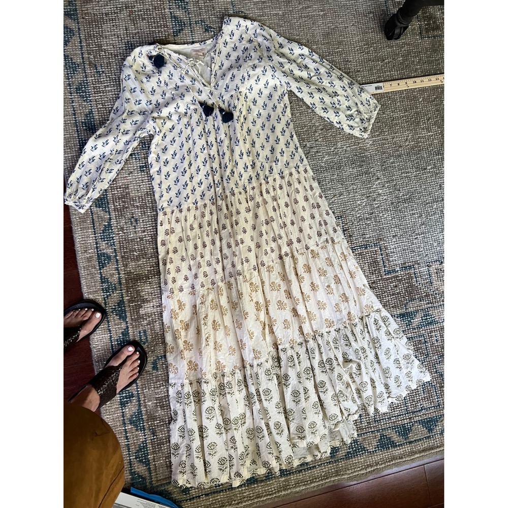 Pink Chicken New York XS Cotton Block Print Tiered Maxi Dress Tassels Cream